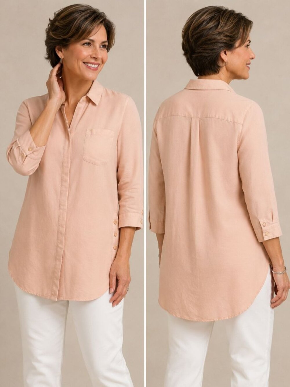 Chicos Size 3 (XL) Blouse Pink Peach Button Down Tunic Shirt Viscose 3/4 Sleeve